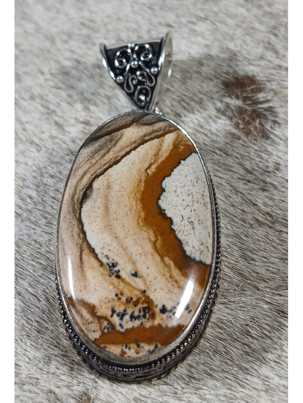 Picture Jasper Silver Plated Gemstone Pendant 2 1/8"  21x35mm stone New Jewelry